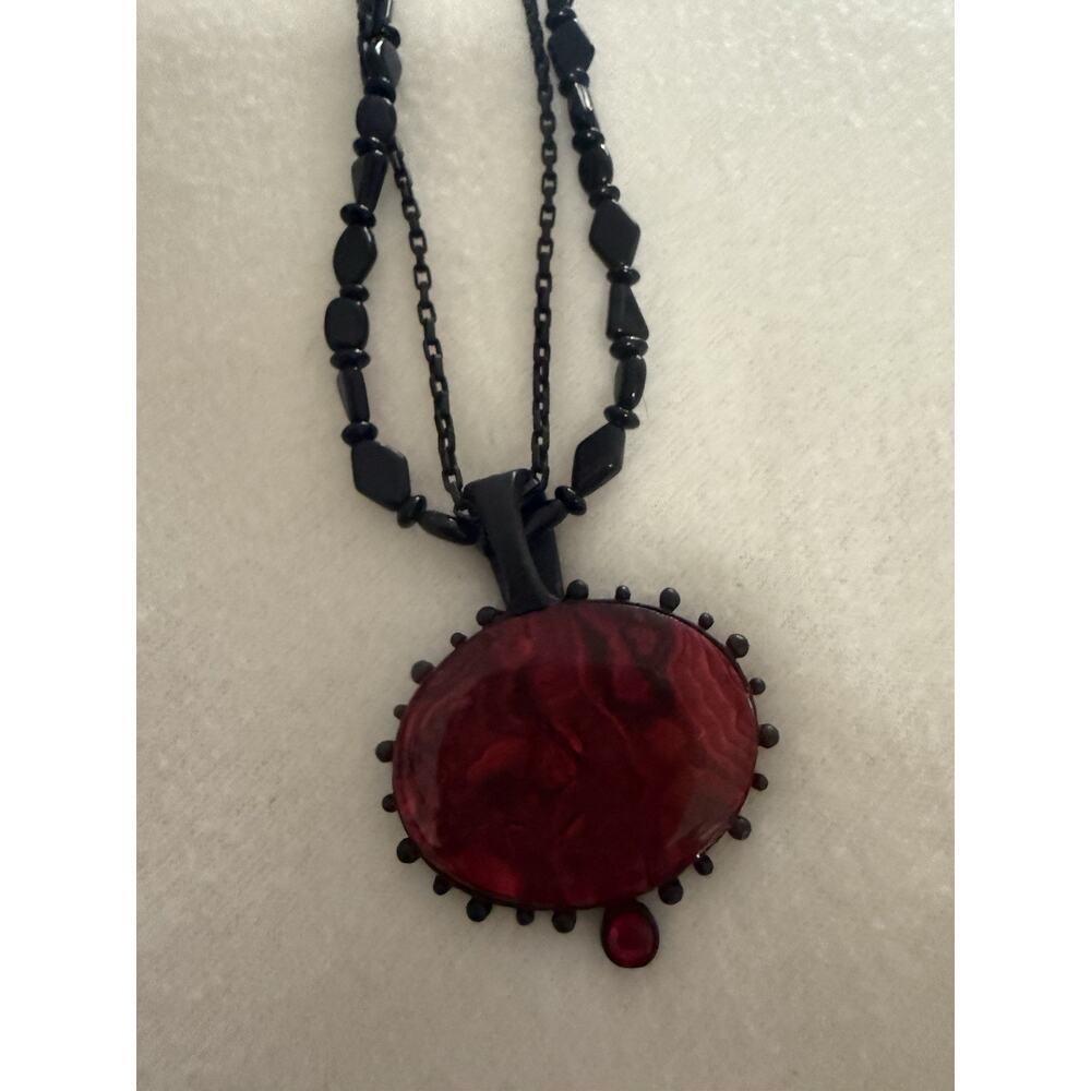 Chico's Red Pedant With Black Metal Link And Plastic Strand Necklace